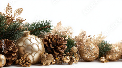 Merry Christmas and happy New Year background.
Christmas gold balls, fir branches, cones. Merry christmas card. Winter holiday theme. Christmas decoration. Space for text. AI generation	