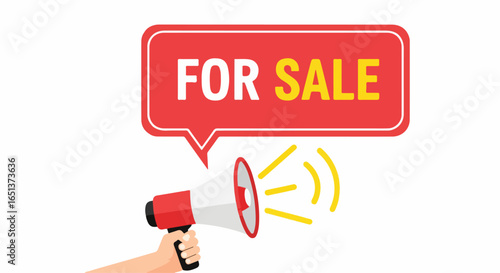 Red Megaphone Announcing For Sale with Yellow Sound Waves.