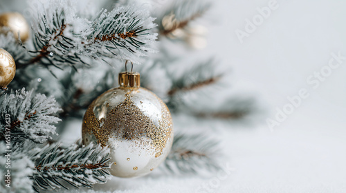 Merry Christmas and happy New Year background.
Christmas balls, fir branches. Merry christmas card. Winter holiday theme. Christmas decoration. Space for text. AI generation	