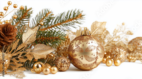 Merry Christmas and happy New Year background.
Christmas gold balls, fir branches, cones. Merry christmas card. Winter holiday theme. Christmas decoration. Space for text. AI generation	
