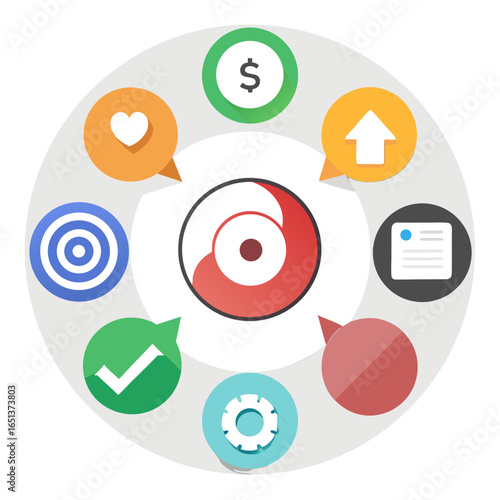 Circular Icons: A colorful graphic depicts various communication and social media symbols arrayed around a central circle
