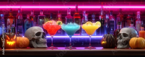 Neon Lit Halloween Party Bar With Colorful Cocktails And Decorative Skulls And Pumpkins