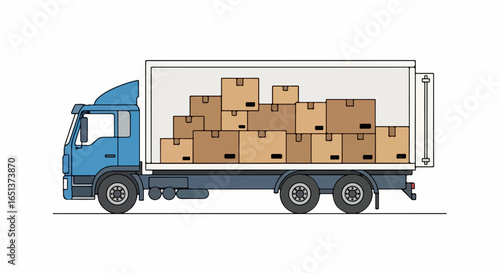Blue Truck Loaded with Cardboard Moving Boxes for Delivery.