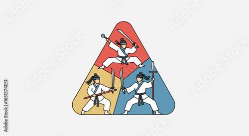 Dynamic Martial Arts Trio in Action Poses within Geometric Design.