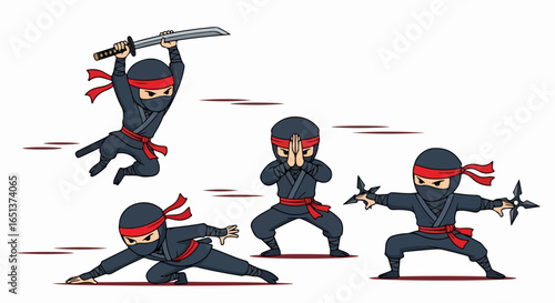 Dynamic Cartoon Ninjas in Action Poses with Weapons.