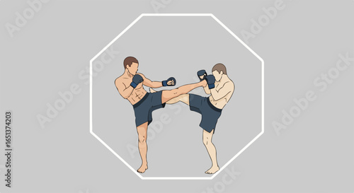 Two Male Fighters Engaged in Intense Kickboxing Match with Dynamic Poses.