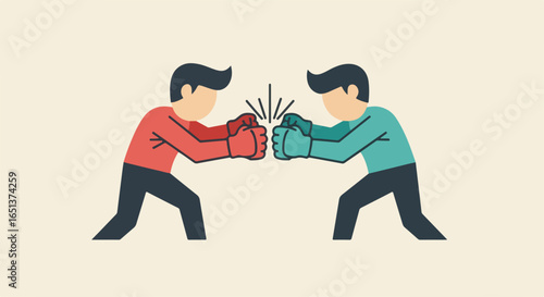 Two stylized cartoon men in boxing gloves clashing fists in a competitive stance.