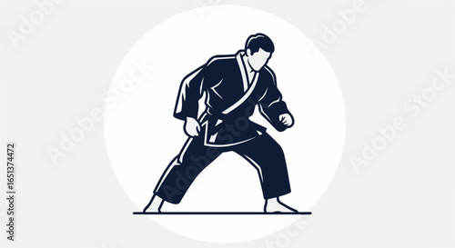 Martial Artist in Traditional Dark Blue Gi Demonstrating a Combat Stance.