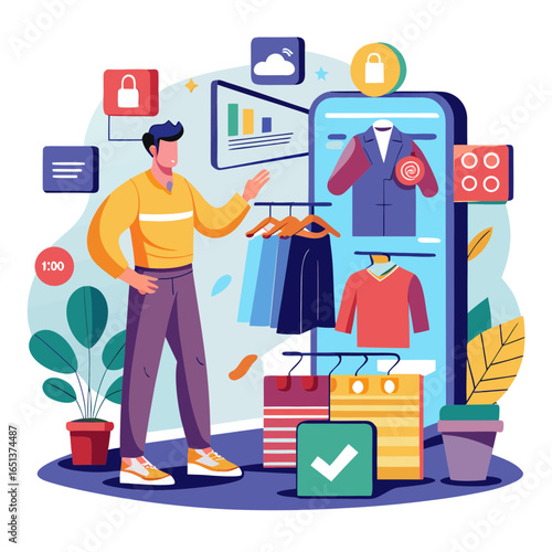 Vector art of man shopping for clothes online using a mobile app, browsing fashion items on a digital store with shopping bags and payment icons, representing ecommerce and retail technology
