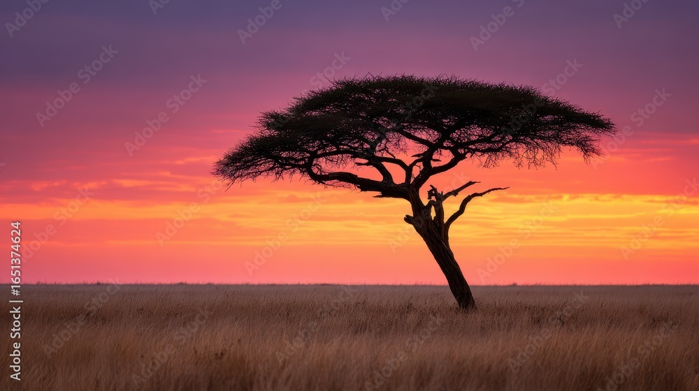 Fototapeta premium Tree Silhouette on Serengeti at Sunset for Travel & Ecological Documentation