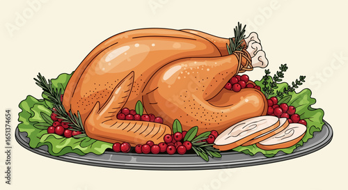 Perfectly Roasted Golden Brown Turkey with Fresh Cranberries and Greens.