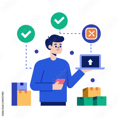 Vector art of a man using his phone and laptop to manage online orders and deliveries, with confirmation and cancellation icons symbolizing the process