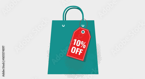 Teal Shopping Bag with Red 10 Off Discount Tag.