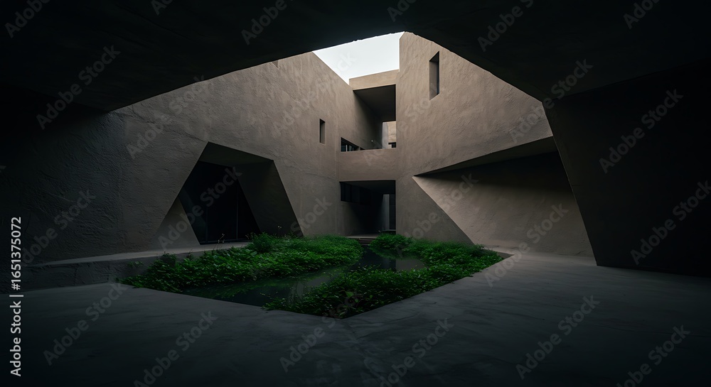 Fototapeta premium Architectural Courtyard with Geometric Forms and Vegetation