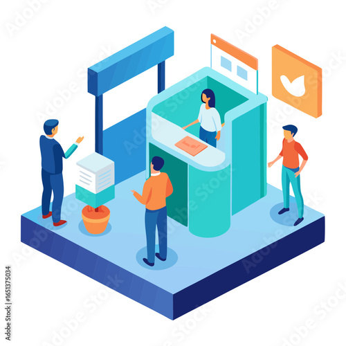 Vector art of isometric illustration of a business exhibition or trade show, with people interacting at an information booth, representing customer service, networking, and brand promotion