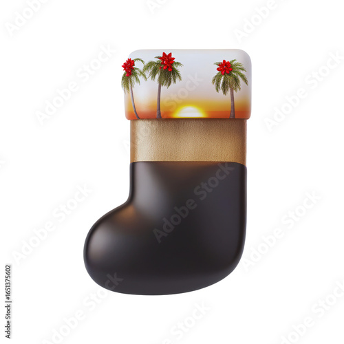 Tropical Christmas stocking with sunset palm trees against a dark background