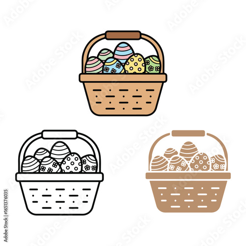 Three styles of Easter basket with colorful decorated eggs colorful eggs striped eggs