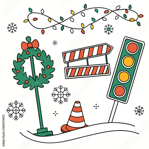 Winter road scene with wreath, lights, traffic signals, & snowflakes