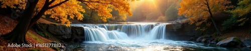 Sunlit autumn scene; yellow trees frame a rushing waterfall , picturesque, fall