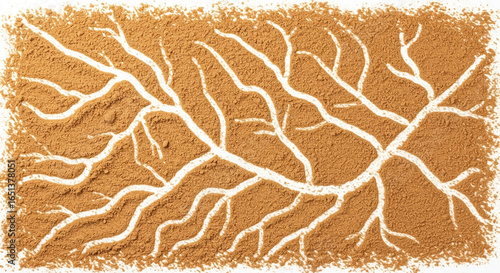 Intricate delta pattern resembling a river system or tree roots, drawn in aromatic brown spice powder like nutmeg on a white background. Food art concept.