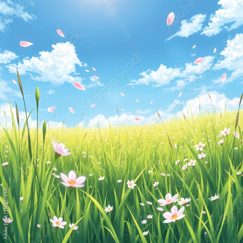 Tranquil meadow scene with wildflowers, pink petals gently floating under sunny blue sky, evoking peacefulness and natural beauty for promotions