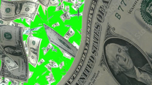 Dollar banknotes flying Money Rain. Falling bills American money 100 US Dollar cash falling. Money falling down animation on Green screen. USA Hundred Dollar Banknotes falling