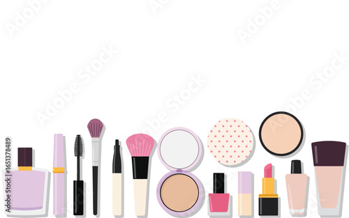 Collection of beauty products and makeup essentials arranged on a white background