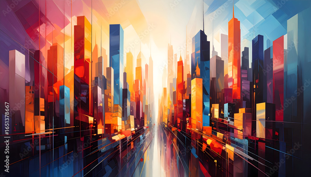Obraz premium Abstract Cityscape Illustration Featuring Skyscrapers in Warm Orange and Blue Tones with Linear Perspective