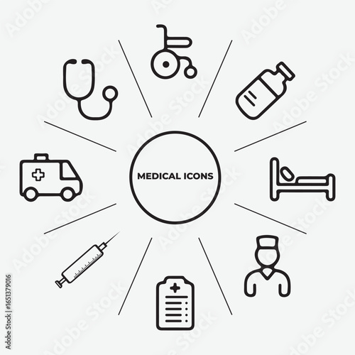 A vector set of medical icons and symbols for health and medical illustration. Simple Medical Icons Set for Healthcare Design
