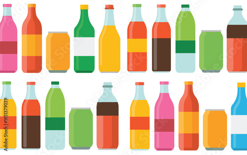 Collection of colorful soda bottles and cans in a studio setting