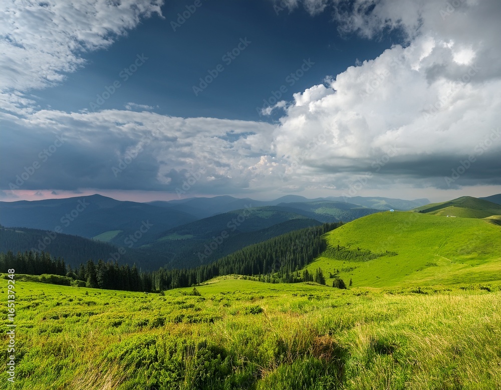 Naklejka premium panoramic view of green fields in the carpathian mountains idyllic rolling hills and cloudy sky