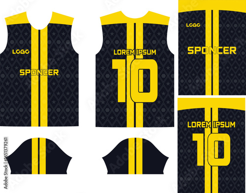 Sports Jersey Mockup Template | Editable Basketball, Football, and Soccer Uniform Design in Black and Yellow.
