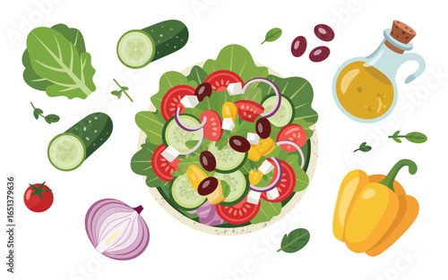 Fresh greek salad ingredients and prepared dish