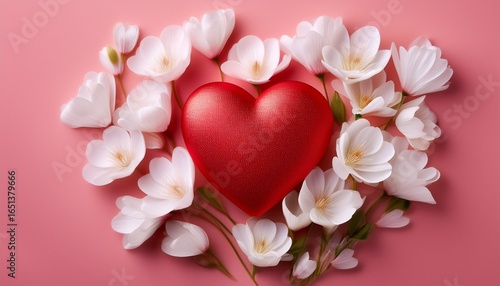 red heart white flowers pink background