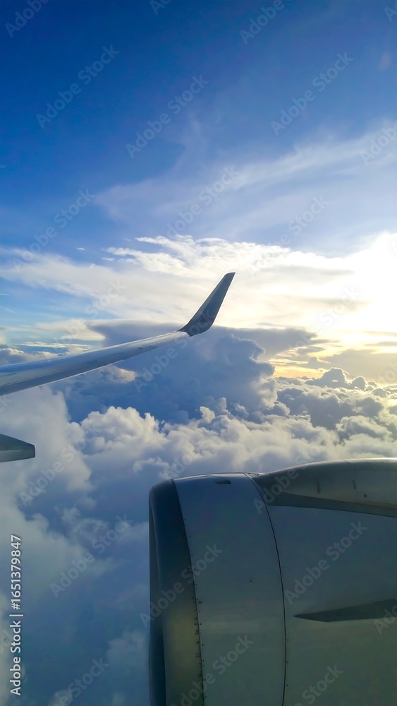 Obraz premium Airplane wing and engine over clouds