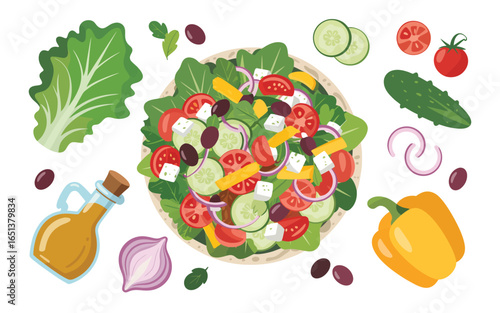 Fresh greek salad ingredients and prepared dish overhead view