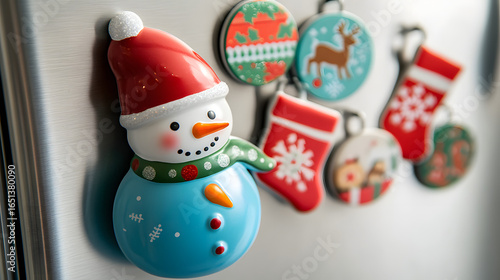 Festive Snowman Magnet on Refrigerator with Christmas Ornaments