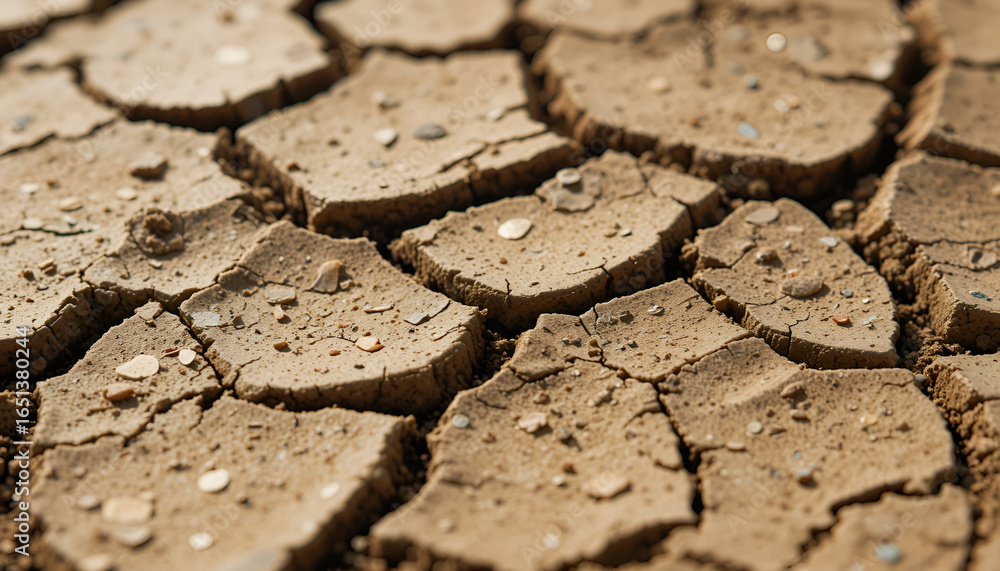 Fototapeta premium Close-up of arid cracked earth surface showing texture and dryness, symbolizing drought and desertification.