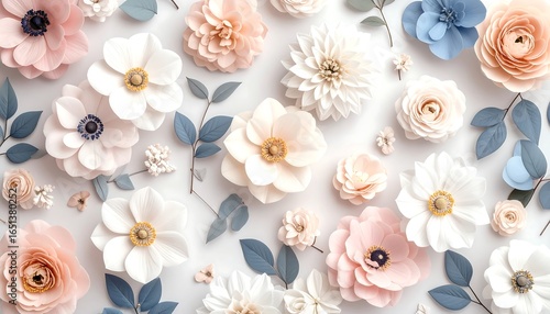 Pastel Paper Flowers Flatlay.