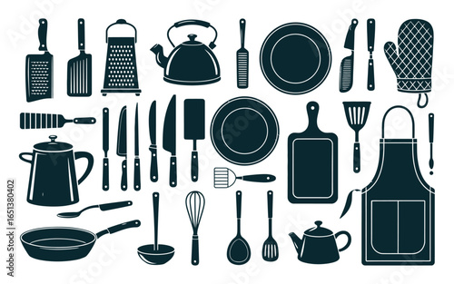 Collection of kitchen utensils and appliances in silhouette style