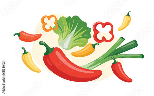 Assortment of fresh vegetables including peppers lettuce and leeks