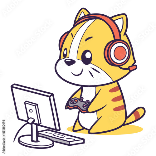 Cartoon cat playing video games with a controller and headset