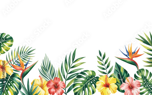 Vibrant watercolor tropical border with exotic flowers and lush green leaves