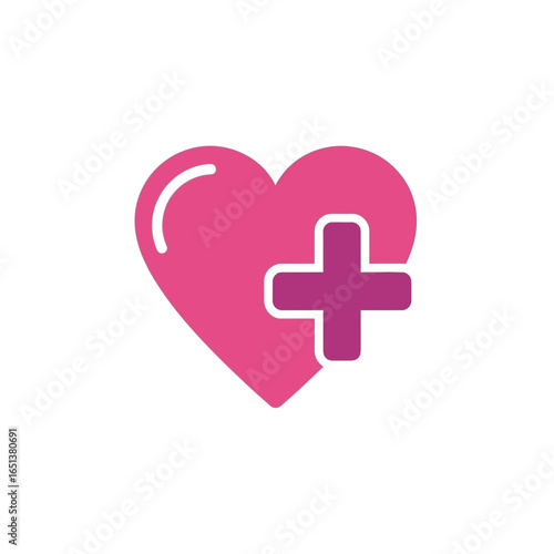 Coloring Ecommerce vector icon illustration of pink heart with plus sign isolated on white background