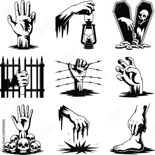 Zombie Hand Rising Silhouette – Horror Icon Set Spooky Zombie Hand Silhouette – Halloween Icon Collection