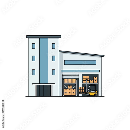Coloring Ecommerce vector icon illustration of warehouse building with forklift and boxes, logistics and distribution center