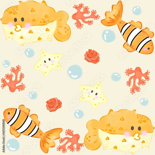 Seamless Pattern with Pufferfish Clownfish Starfish and Orange Coral