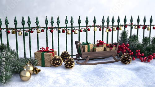 Snowy Winter Scene with Decorated Fence, Sleigh, and Gifts