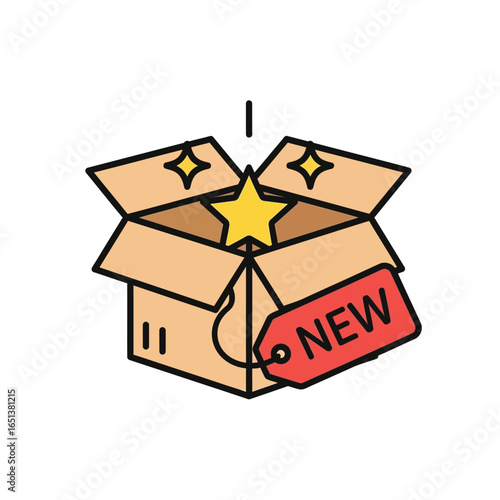 Coloring Ecommerce vector icon illustration of new product in open cardboard box with star and tag isolated on white background