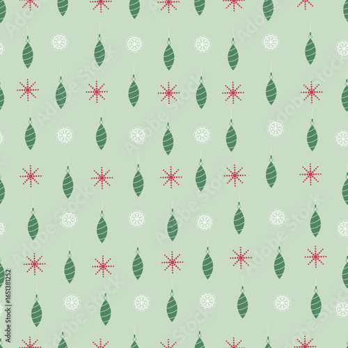 Christmas baubles vector seamless pattern. Holly jolly surface design of Xmas balls and snowflakes on pastel background